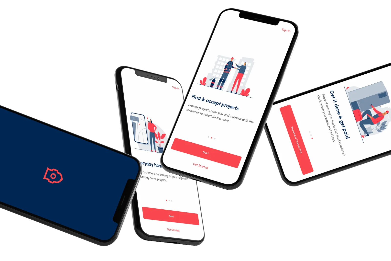 Hidrent app showcase across several phones